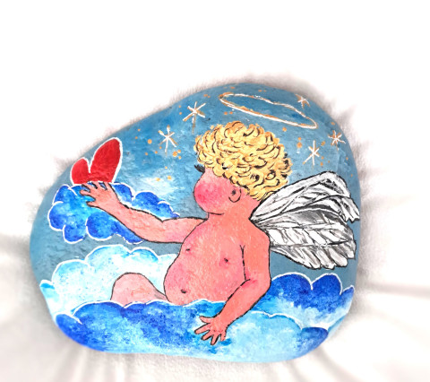 Otevři své srdce - malovaný kámen srdce modrá láska anděl andílek andělíček ochrana nebesa obláček svatozář andělská křídla malovaný kámen malované kameny bezpečí ochrana andělů 