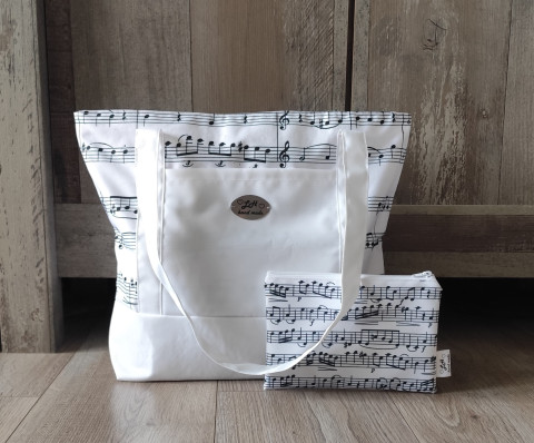 Kabelka s taštičkou - noty - bílá kabelka taštička kabela přes rameno do ruky pouzdro na drobnosti 