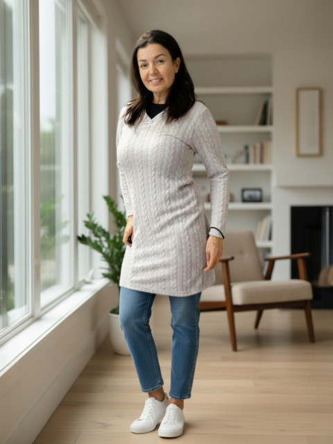 Dámské šaty copánky-moca- S/M šaty hřejivé šatky melírované svetrové 