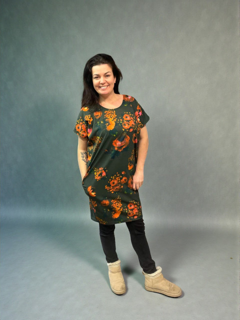 Dámské šaty Květy na zelené - M/L šaty hřejivé šatky melírované svetrové 