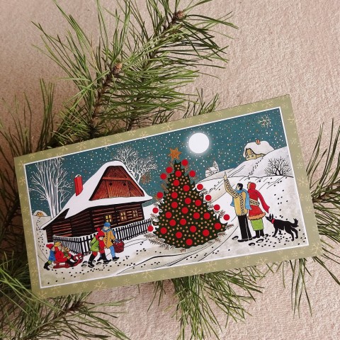 Blahopřání k Vánocům - CHALOUPKA papír červená děti sníh pes vánoce přání vánoční měsíček hvězdy chaloupka stromeček přáníčko kostelíček vločky svátky 