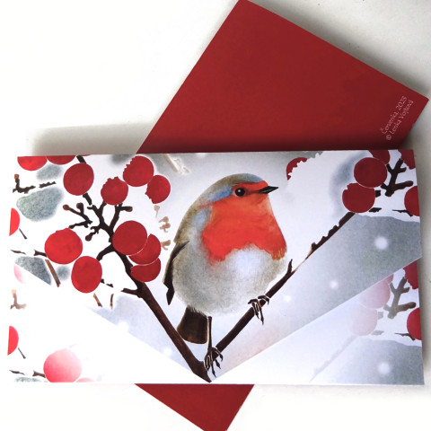 Darovací obálka - ČERVENKA červená sníh modrá vánoce pták ptáček bílá přání vánoční šedá větvička peníze advent bobule voucher obálka větev červenka vstupenky 