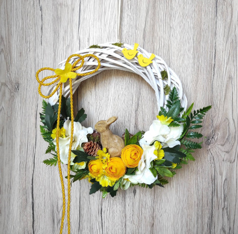 Velikonoční v. se zajíčkem dekorace dárek květina ptáček jarní věnec jaro věneček velikonoce zajíček žlutý bílý velikonoční proutěný květinový narcis spring easter pryskyřník wreath 