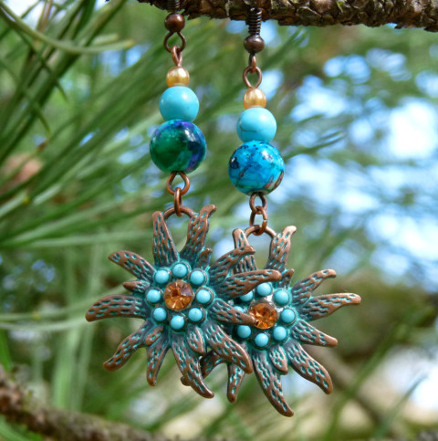 Náušnice - ztracené hvězdy náušnice dívčí hvězda vintage hvězdy extravagantní dlouhé originál starobylé měděné třpytivé handmade 