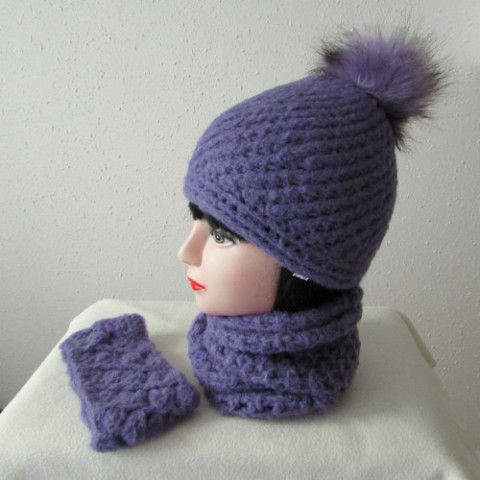 Čepice + nákrčník + čelenka zima fialová čepice šála souprava zimní háčkované akryl vlna hřejivé nákrčník čepka bambule set lehoučké elastan na krk crochet winter beanie čelenka shawl 