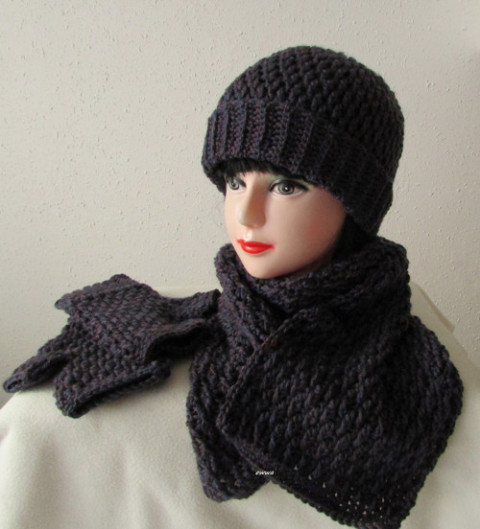 Zimní souprava unisex modrá čepice šála souprava zimní háčkované akryl rezavá hřejivé rukavice unisex pánská handmade set bezprsté ewwa antipilling 