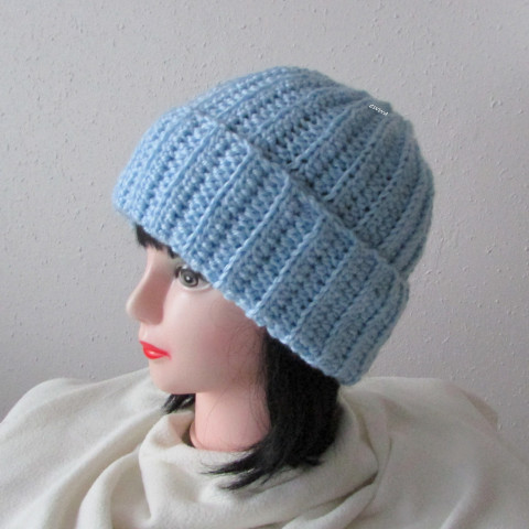 Čepice unisex zima modrá velká čepice háčkovaná pružná zimní akryl světlemodrá unisex hřejivá crochet debilka 