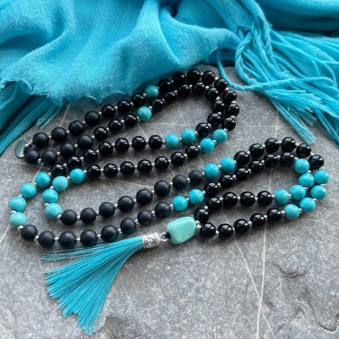 Japa mála - onyx a tyrkenit onyx korále tyrkenit mantra buddhismus japa mála hinduismus 