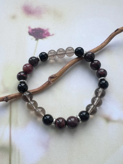 Onyx, tygří oko a křišťál - náramek náramek onyx pružný tygří oko kouřový křišťál 