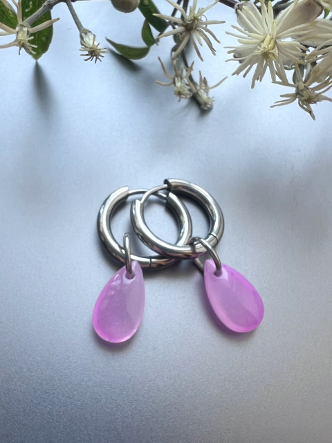 Růžové slzičkové náušnice - S.Steel kruh kapka nerez ocel slza skleněná slzička steel 