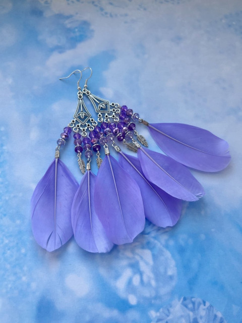 Peříčkové fialové náušnice léto extravagantní nerez ocel festival dovolená peří peříčka 