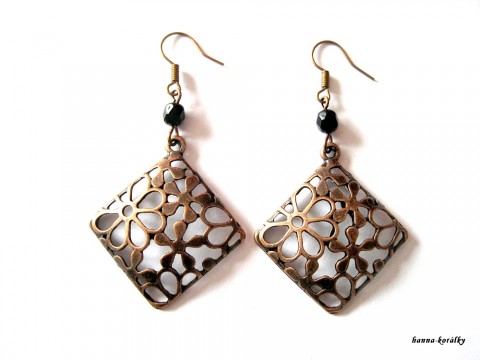 Náušnice - měděné kosočtverce I. náušnice hnědé měď filigrán čtverce měděné kosočtverce filigránové kosočtverec 