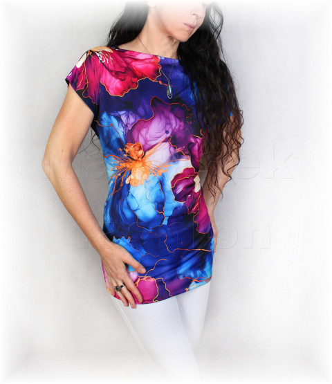 Triko vz.857b i 3/4 rukáv modrá halenka fialová jarní letní květy triko jaro léto tyrkysová vzor pastelové celoroční 