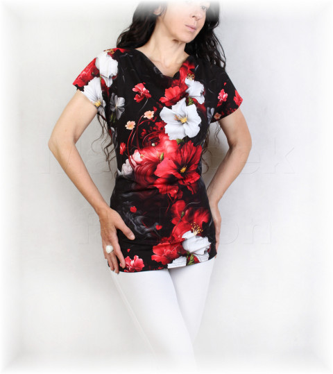 Triko vz.962 i 3/4 rukáv červená halenka jarní letní květy černá triko jaro léto vzor květované pastelové celoroční 