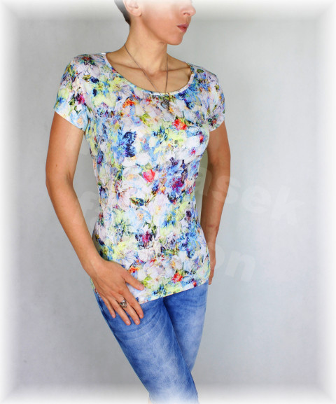 Triko vz. 391 modrá letní květy ženy bílá triko úpletové vzor celoroční 