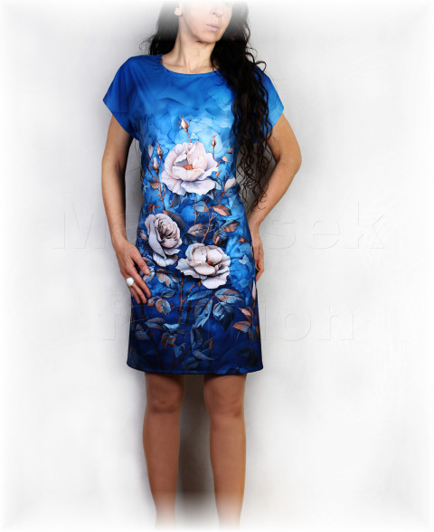 Šaty vz. 895 SLEVA z 1.299 kč modrá barevné jarní letní květy šaty svatba léto tyrkysová řasení vzor oslava luční dovolená 