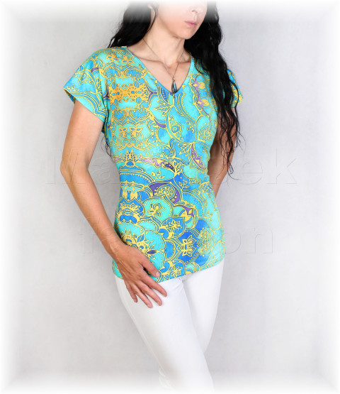 Triko vz. 910 SLEVA z 666 kč pestrobarevné letní triko tyrkysová celoroční vzorované vícebarevné 