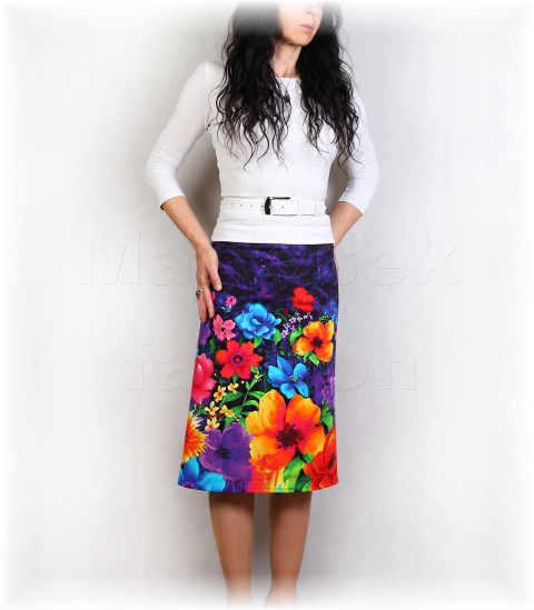 Sukně  vz.901 SLEVA z 799 kč modrá jarní letní květy žlutá sukně úpletová úplet pestrobarevná luční celoroční áčková 