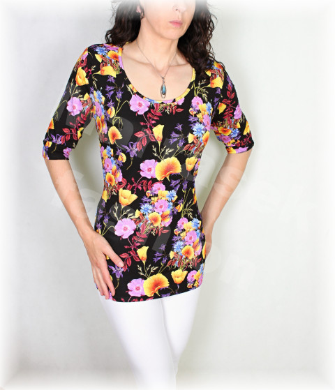 Triko vz. 604 SLEVA z 799 kč růžová jarní letní květy černá triko úpletová léto tyrkysová petrolejová vlčí máky pestobarevné 
