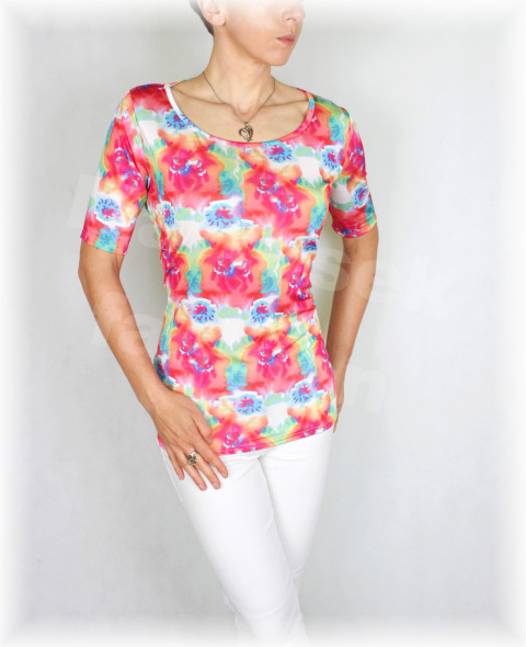 Triko vz.398 SLEVA z 699 kč červená oranžová halenka jarní letní květy triko jaro léto tyrkysová vzor pestrobarevná pastelové celoroční 