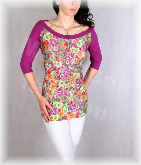 Triko vz.713 SLEVA z 699 kč pestrobarevné fialová letní květy triko úpletové vzor 