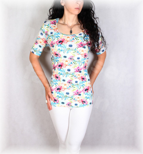 Triko vz.727 SLEVA ze 777 kč růžová jarní letní květy bílá triko úpletová léto tyrkysová pestobarevné 