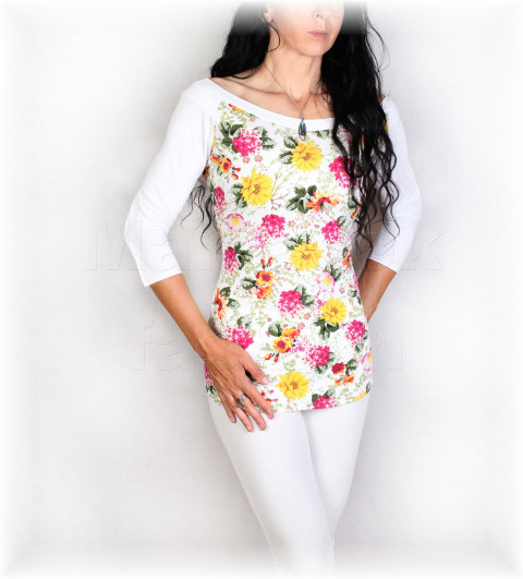 Triko vz.863 SLEVA z 699 kč pestrobarevné růžová jarní letní květy triko úpletové vzor pivoňky oslava celoroční 