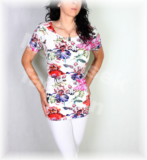 Triko vz.629 SLEVA ze 799 kč červená modrá halenka fialová květy bílá triko lila vzor 