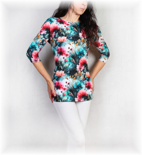 Triko vz.973 i kr.rukáv pestrobarevné zelená barevné růžová letní květy triko šedá luční celoroční vzorované 