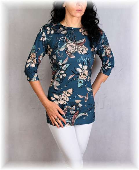 Triko vz.805 i kr.rukáv pestrobarevné jarní letní květy triko úpletová léto petrolejová celoroční 