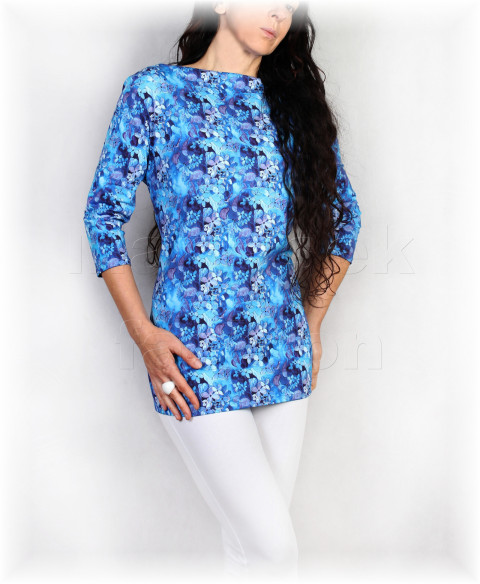 Triko vz.930 SLEVA z 899 kč modrá halenka jarní triko jaro léto vzor celoroční máky mramorový láhvová 