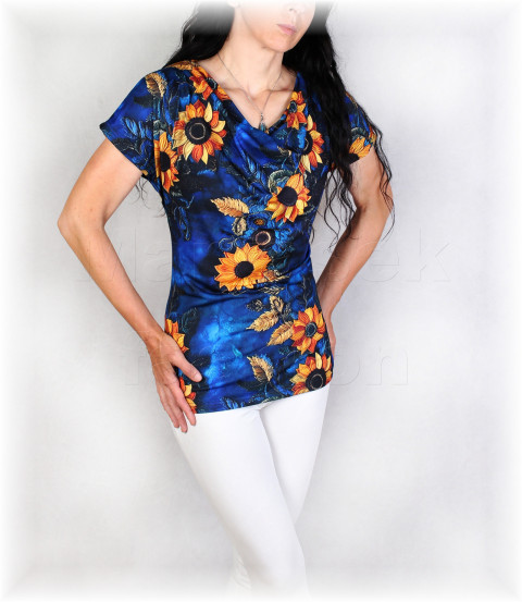 Triko vz.853 i 3/4 rukáv modrá tunika halenka letní slunečnice triko úpletové tyrkysová dámské vzor dovolená 