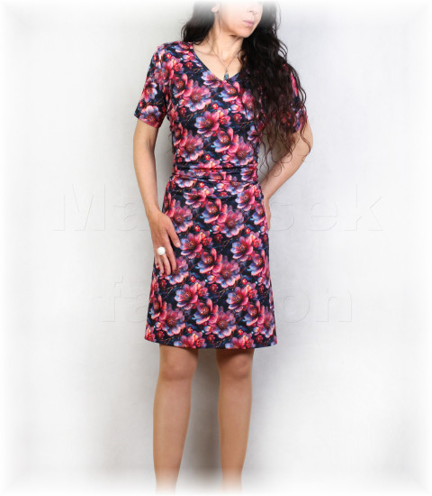 Šaty vz.915 i 3/4 rukáv pestrobarevné barevné květy šaty svatba léto vzor oslava celoroční řasené jabloňové květy 