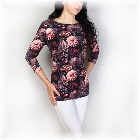 Triko vz.979 i kr.rukáv pestrobarevné halenka jarní květy černá triko jaro léto vzor květované bavlněné celoroční vícebarevné jiřiny 