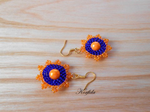Náušnice šité oranžovky korálky náušnice modrá oranžová kolečko šité bižuterie preciosa lehké kolečka nymo rocail sleva pár 